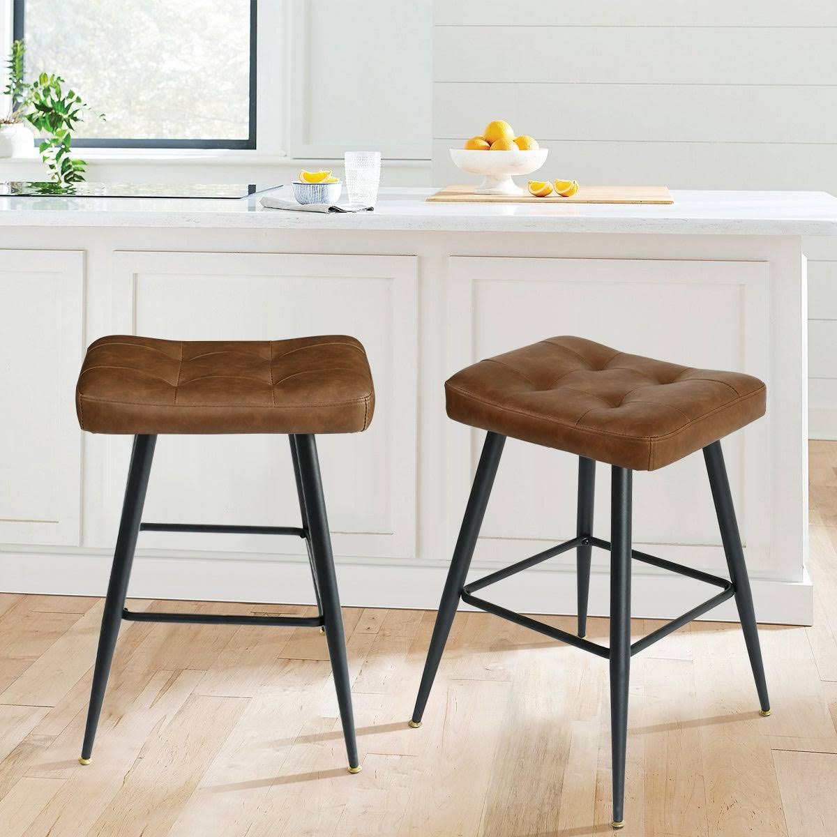 Brown Faux Leather Backless Metal Frame Saddle Counter Stool (Set of 2) R772