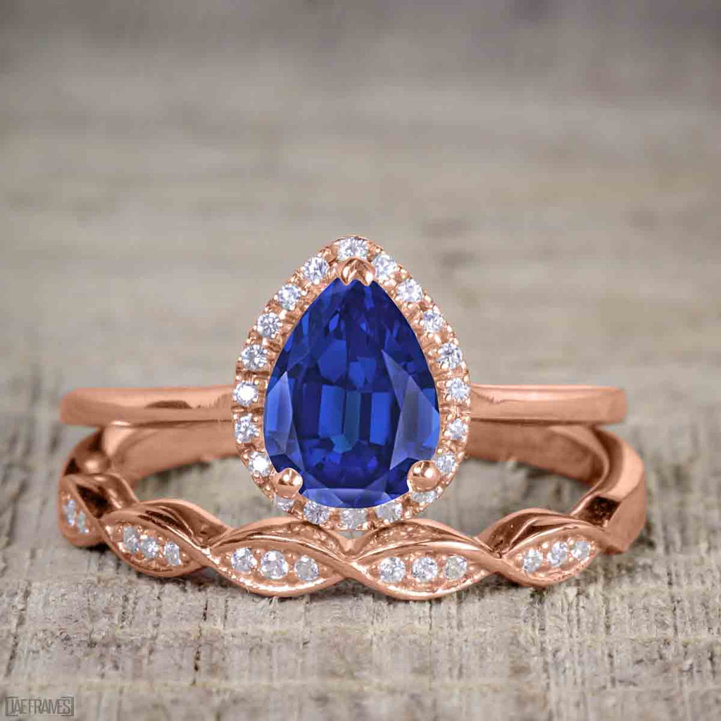 Pear Cut Lab Created Blue Sapphire Trio Wedding Ring Set J950