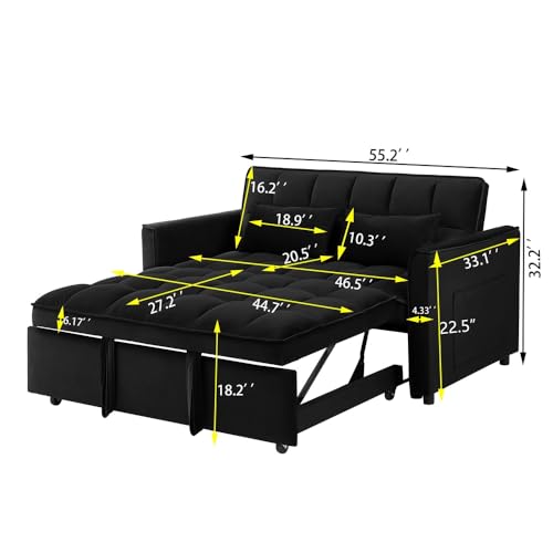 Blue Velvet Double Convertible Sofa Bed with Storage Bag and Pillow Q875800