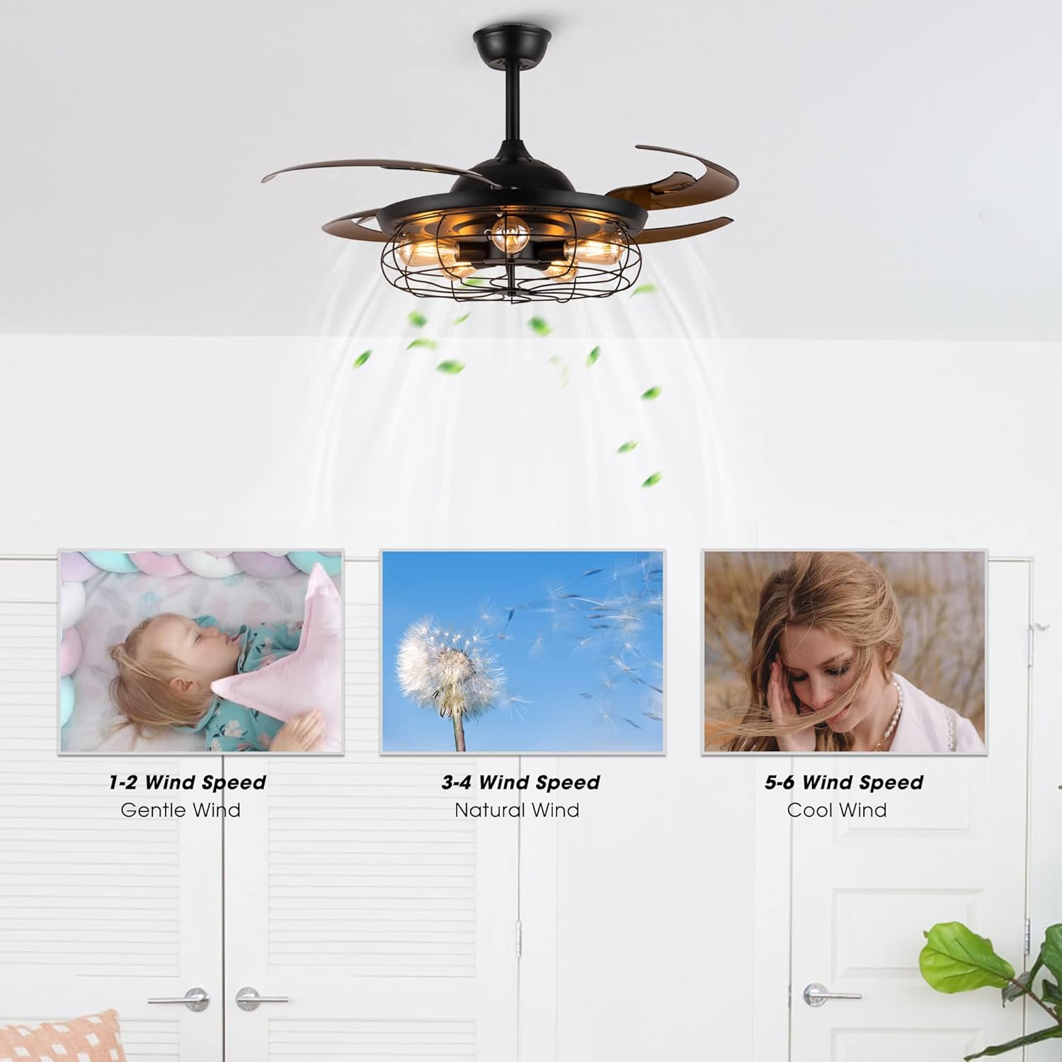Industrial Ceiling Fan with Light Retractable Black Caged Chandelier 48 Inches F66965