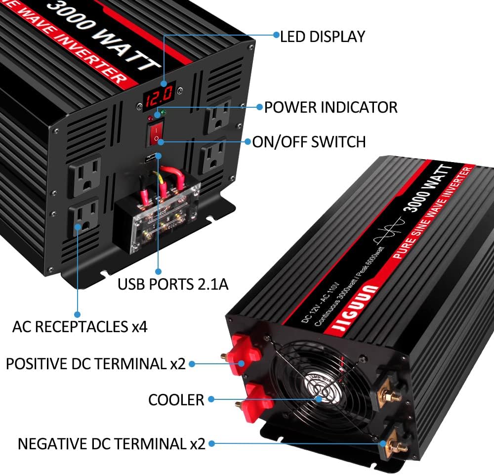 3000 Watt Pure Sine Wave Power Inverter 12V DC to 110V AC with 4 AC Outlets and USB Port B3917