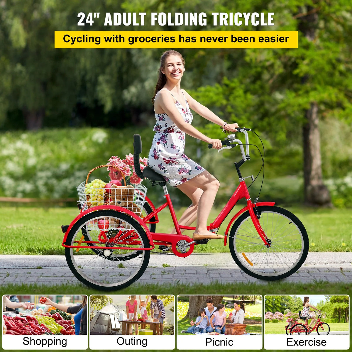 Foldable Adult Tricycle 24'' Wheels 1-Speed 3 Wheel Bikes L5383