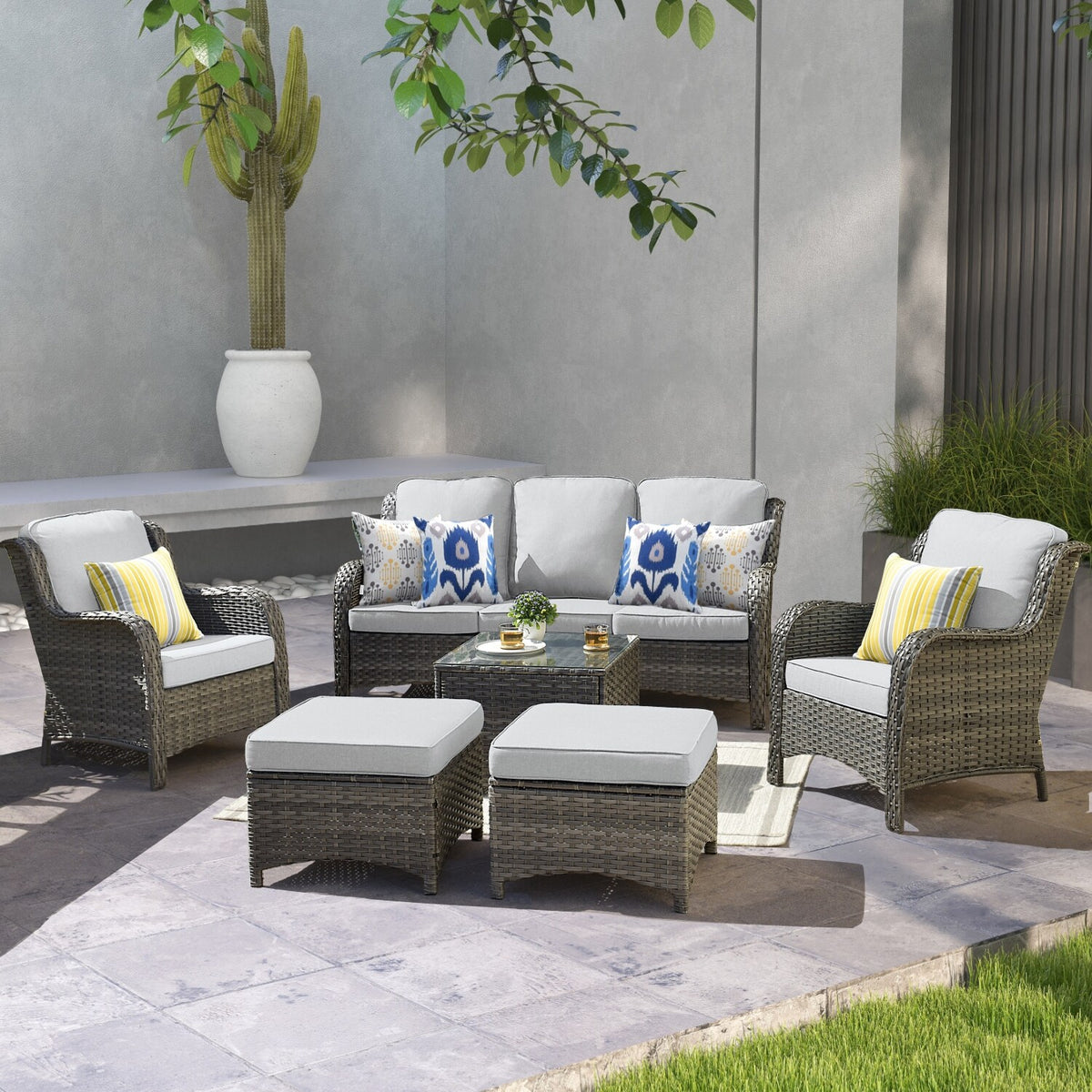 Beige 6-piece Wicker Sectional Set with Table I978