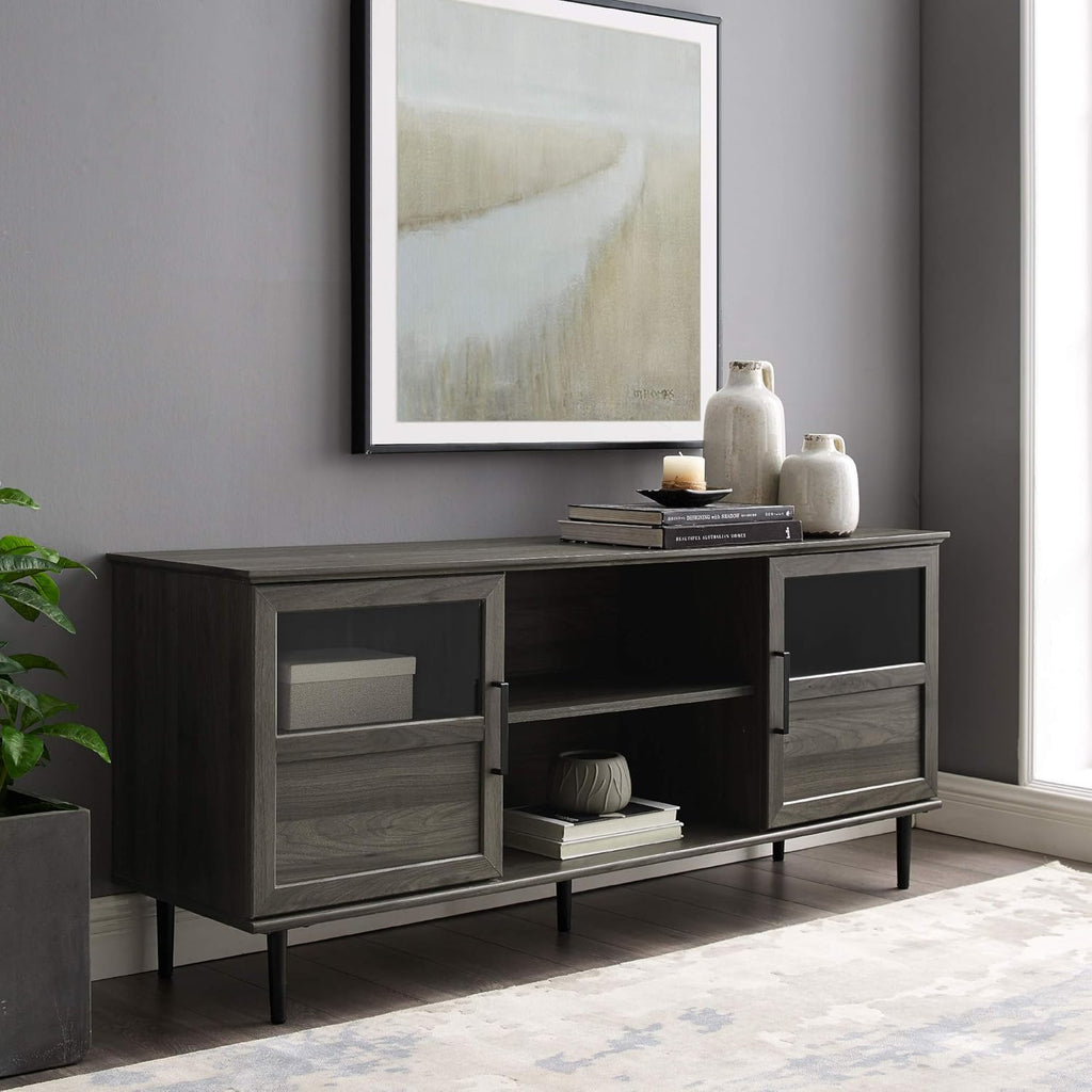 Slate Grey 58 Inch Wood and Glass TV Stand with 2 Cabinet Doors L33832