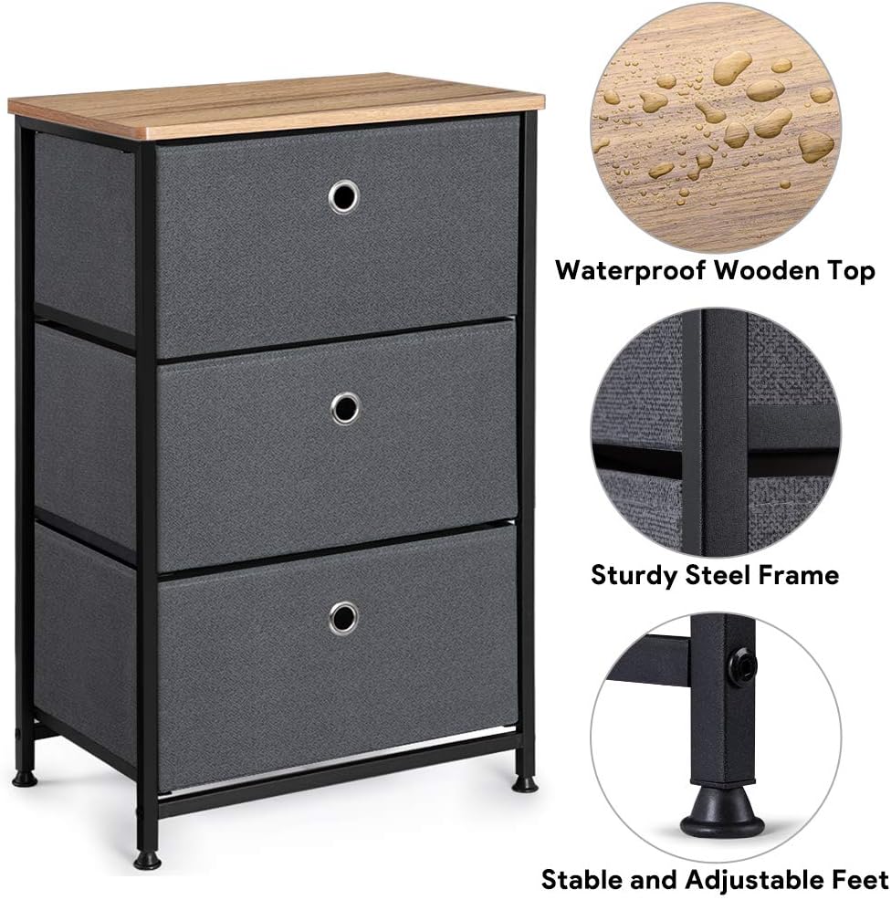 28" Vertical Dresser with 3 Drawers Fabric Nightstand with Steel Frame and Wood Top C6912