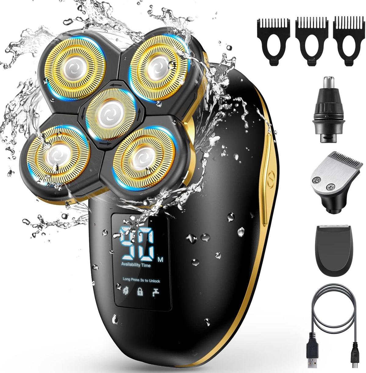 Head Shaver Electric Razor 6D Floating 5 in 1 Wet & Dry Waterproof Bald Head Shaver LED Display Rotary Gold Pack of 2 X212