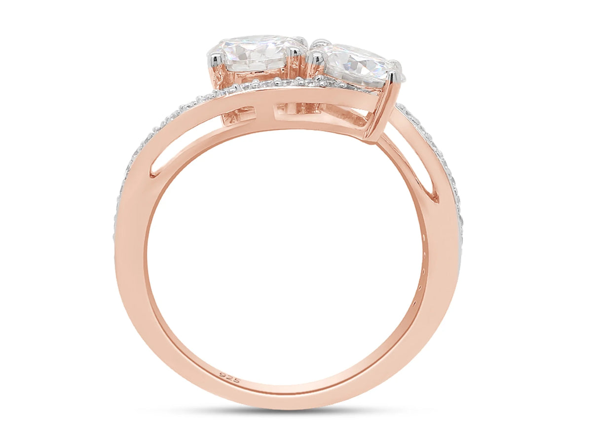 14K Rose Gold Over Sterling Silver Moissanite Two Stone Bypass Engagement Ring Y544