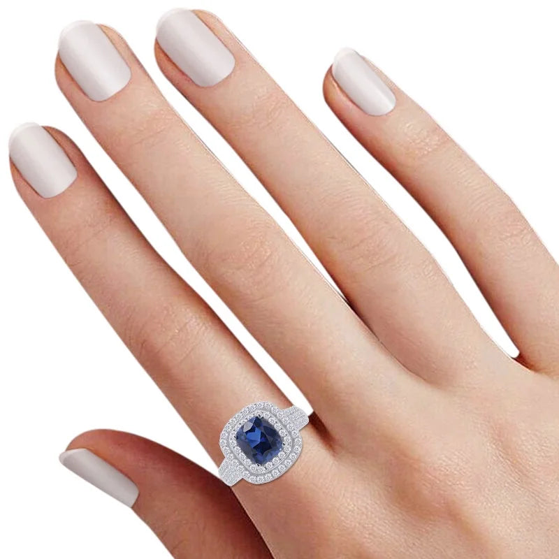 Cushion Cut Blue Sapphire & White Topaz Ring In 14K White Gold Over Sterling Silver (2.69 Cttw) Ring size-4 A71372