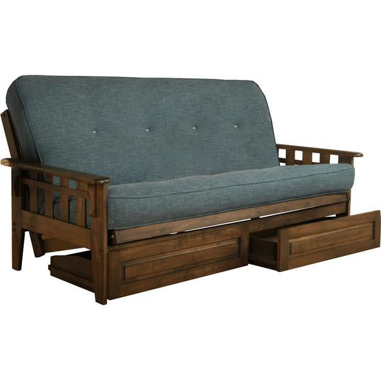 Rustic Walnut/Blue Linen Fabric Mattress Frame Y974130