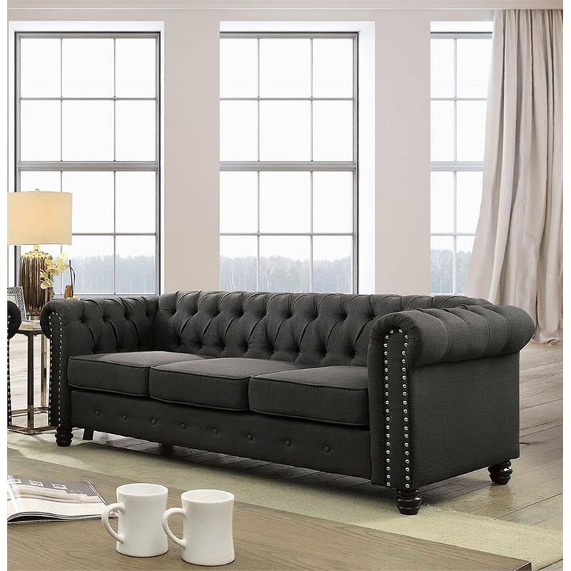 Gray Button Tufted Linen Fabric Sofa Y218