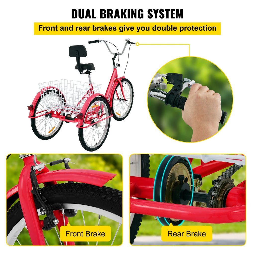 Foldable Adult Tricycle 24'' Wheels 1-Speed 3 Wheel Bikes L5383