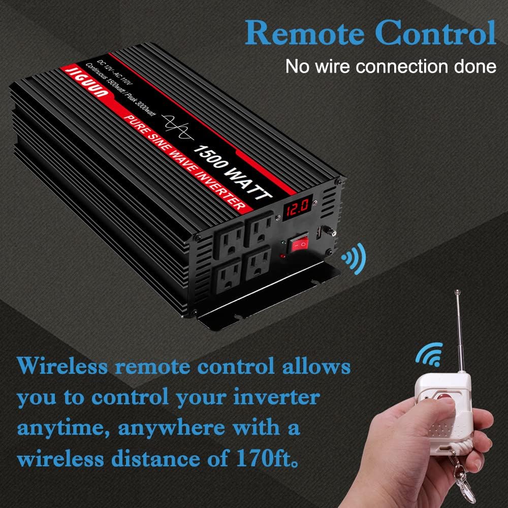 3000 Watt Pure Sine Wave Power Inverter 12V DC to 110V AC with 4 AC Outlets and USB Port B3917