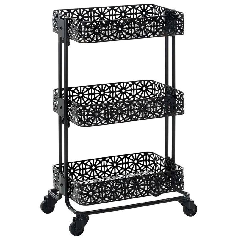 3 Tier Metal Serving Cart in Distressed Glossy Black I8635