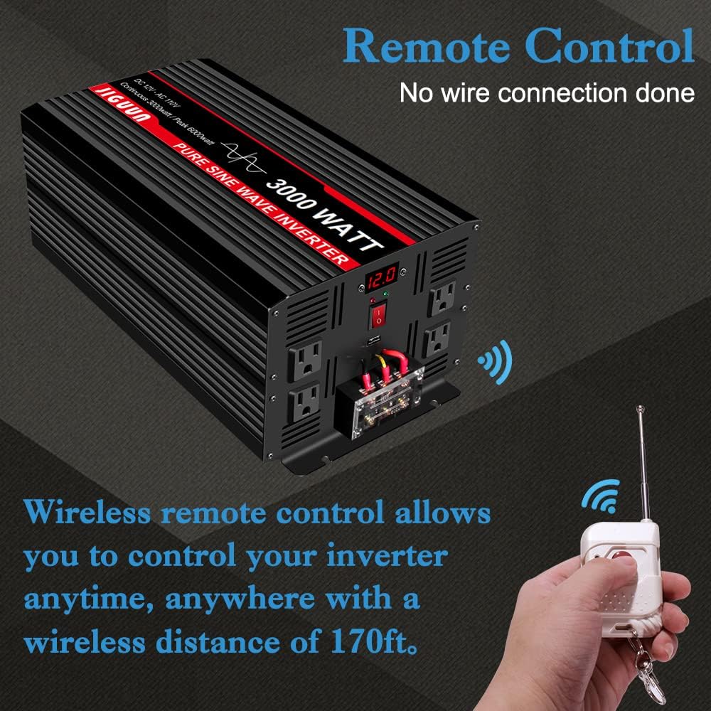 3000 Watt Pure Sine Wave Power Inverter 12V DC to 110V AC with 4 AC Outlets and USB Port B3917