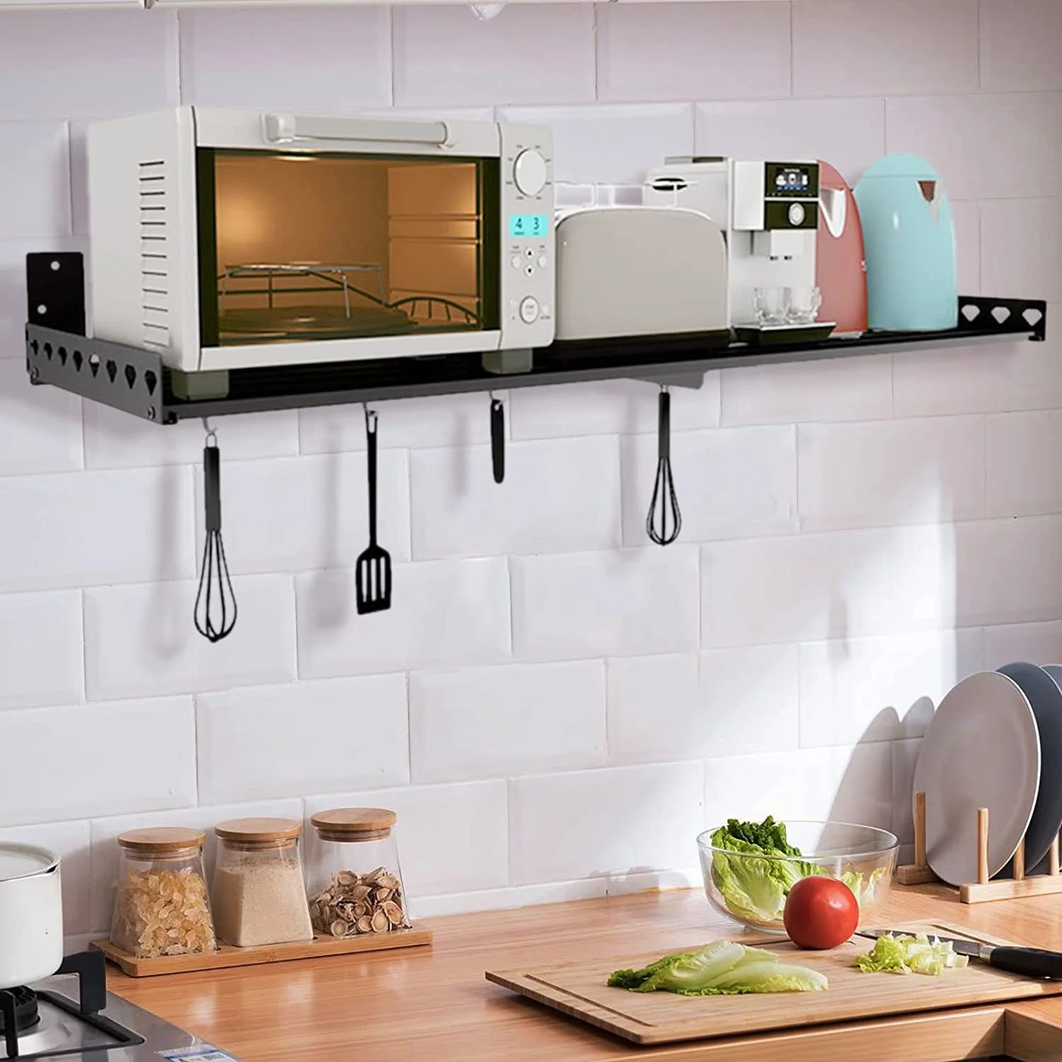 Stainless Microwave Rack Wall Mounted Storage Shelf with 4 Hooks I630843