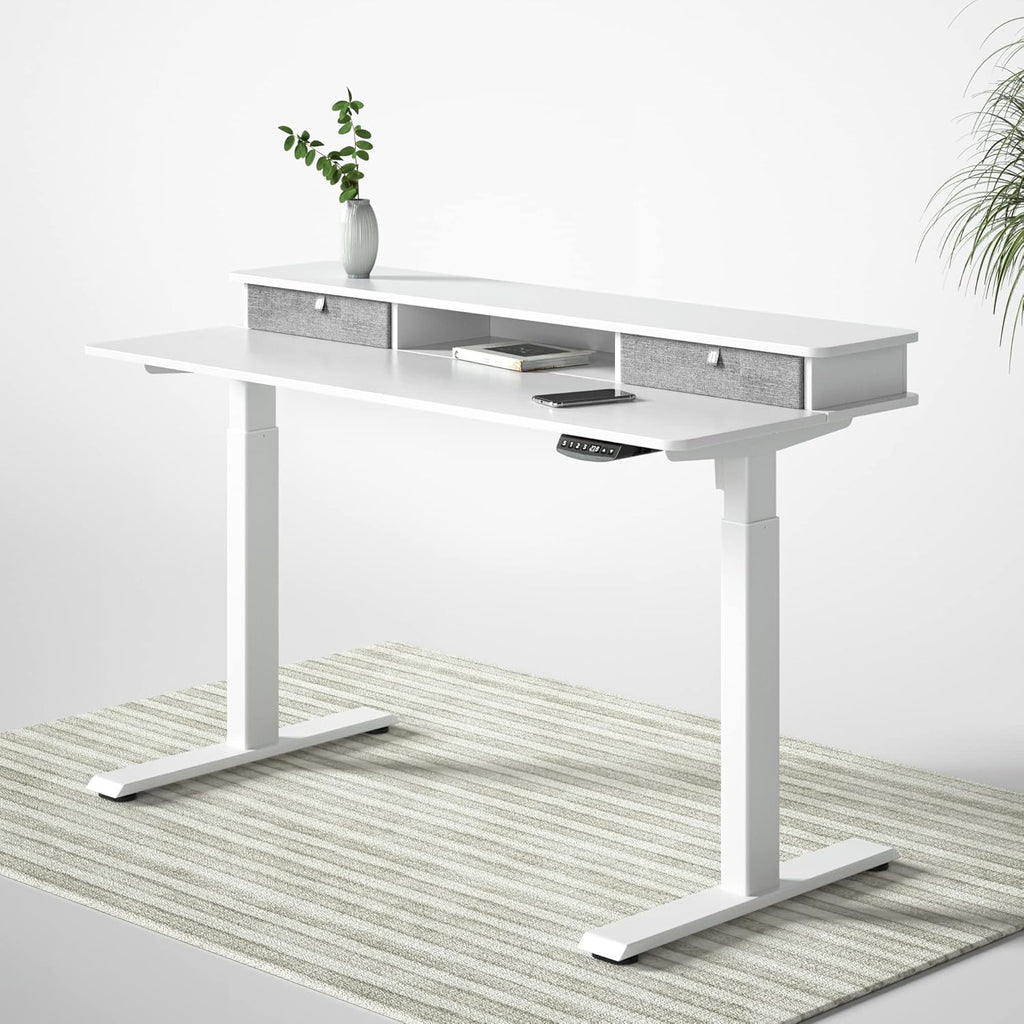 Rustic Brown Black Frame Electric Standing Desk with Double Drawers I317