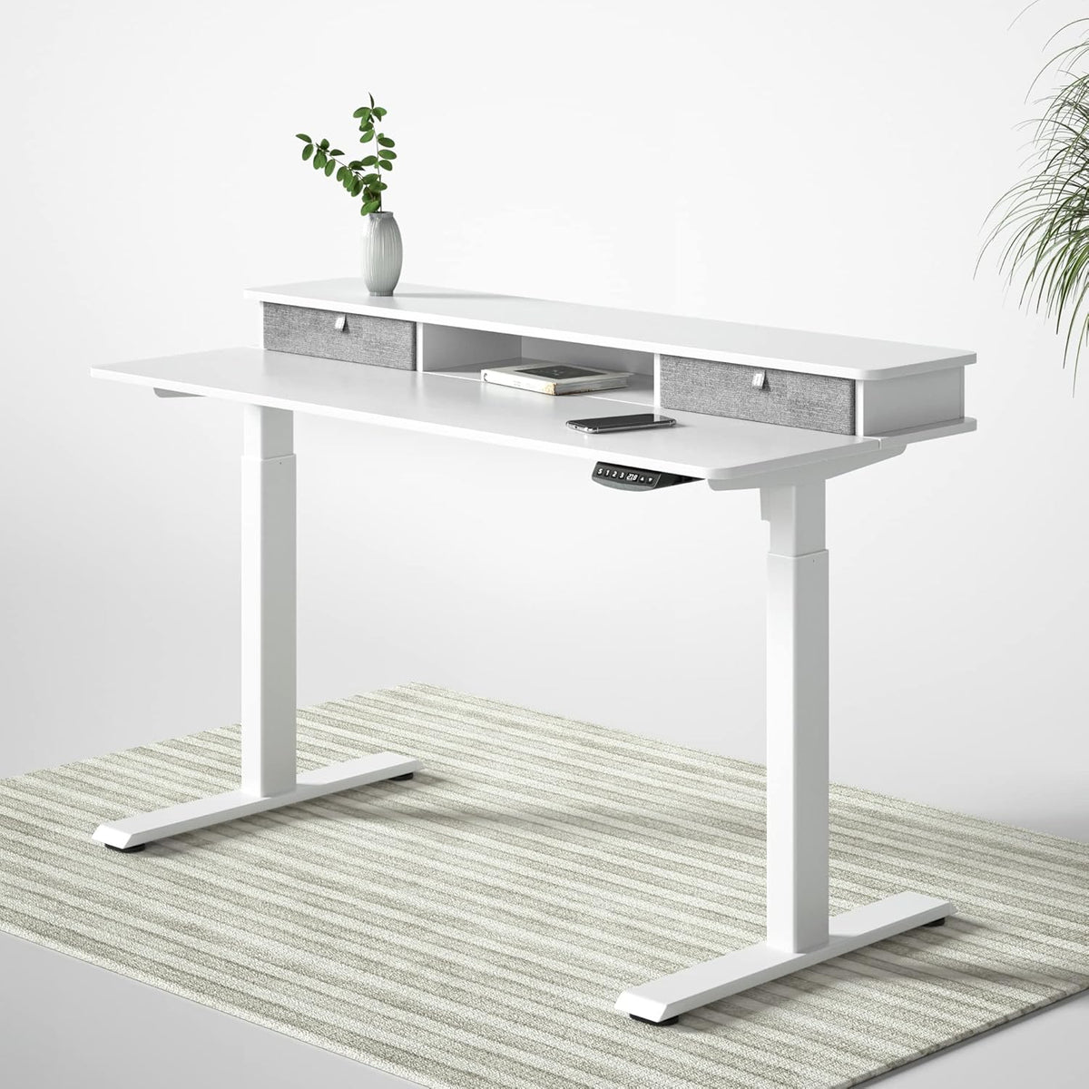Rustic Brown Black Frame Electric Standing Desk with Double Drawers I317