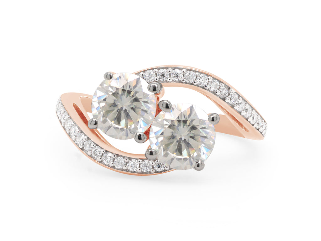 14K Rose Gold Over Sterling Silver Moissanite Two Stone Bypass Engagement Ring Y544