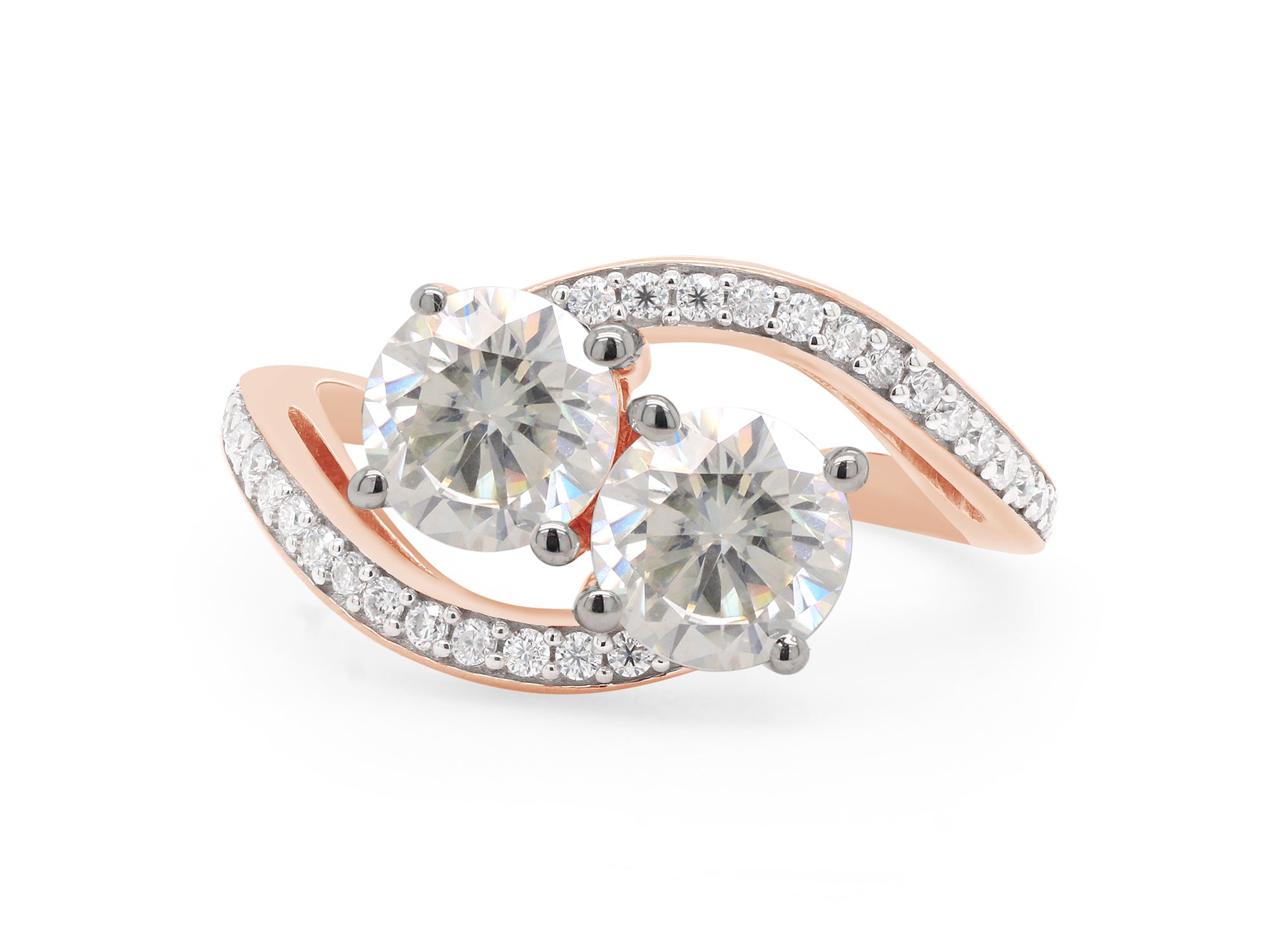 14K Rose Gold Over Sterling Silver Moissanite Two Stone Bypass Engagement Ring Y544