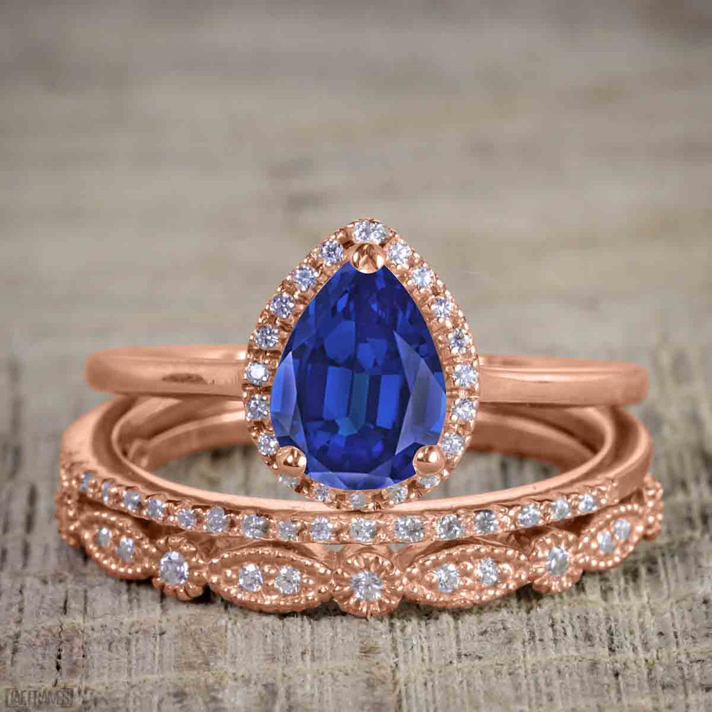 Pear Cut Lab Created Blue Sapphire Trio Wedding Ring Set J950