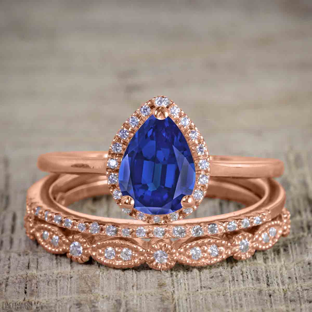 Pear Cut Lab Created Blue Sapphire Trio Wedding Ring Set J950