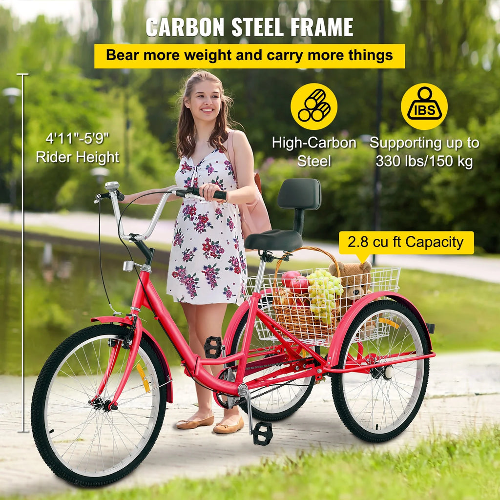 Foldable Adult Tricycle 24'' Wheels 1-Speed 3 Wheel Bikes L5383