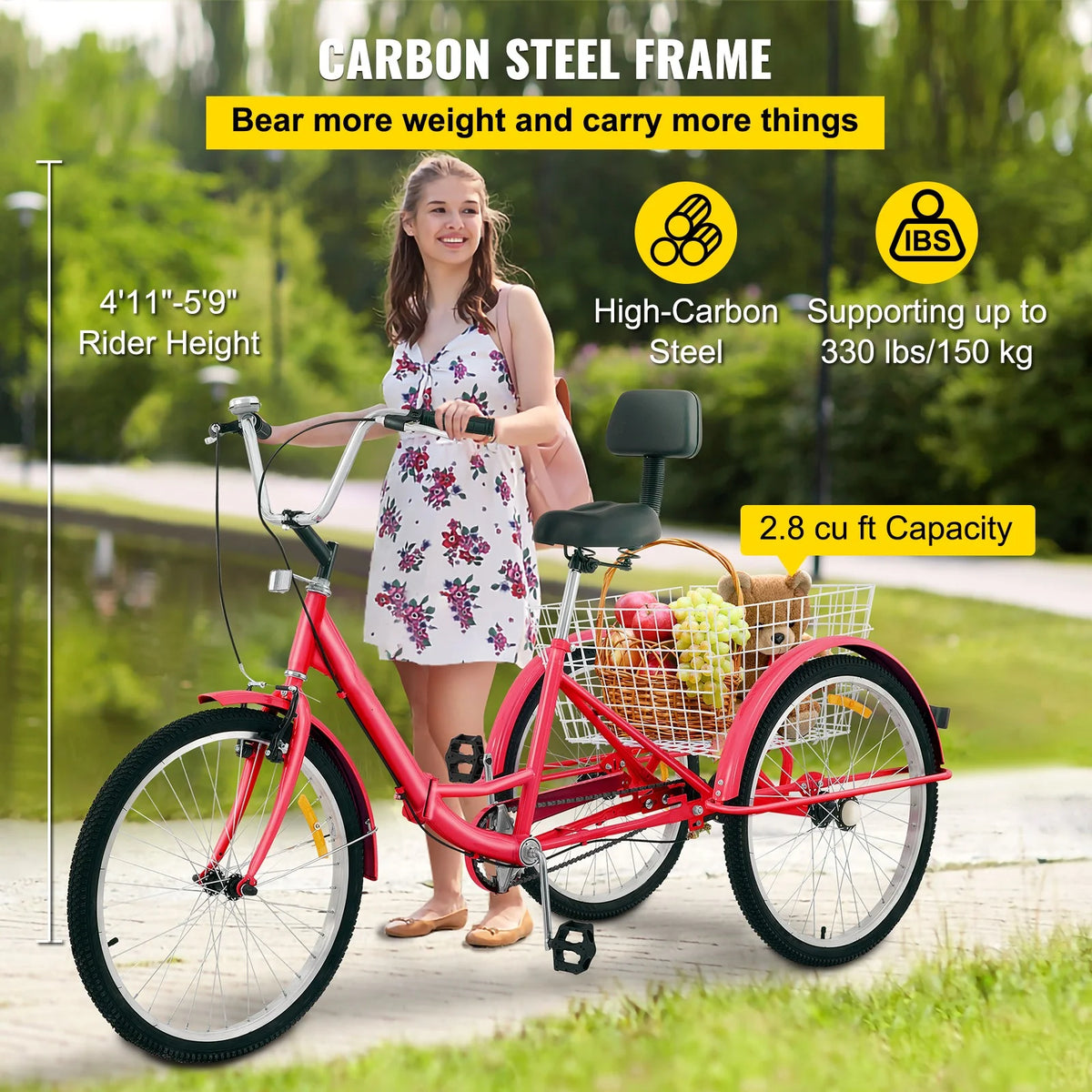Foldable Adult Tricycle 24'' Wheels 1-Speed 3 Wheel Bikes L5383