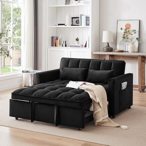 Blue Velvet Double Convertible Sofa Bed with Storage Bag and Pillow Q875800