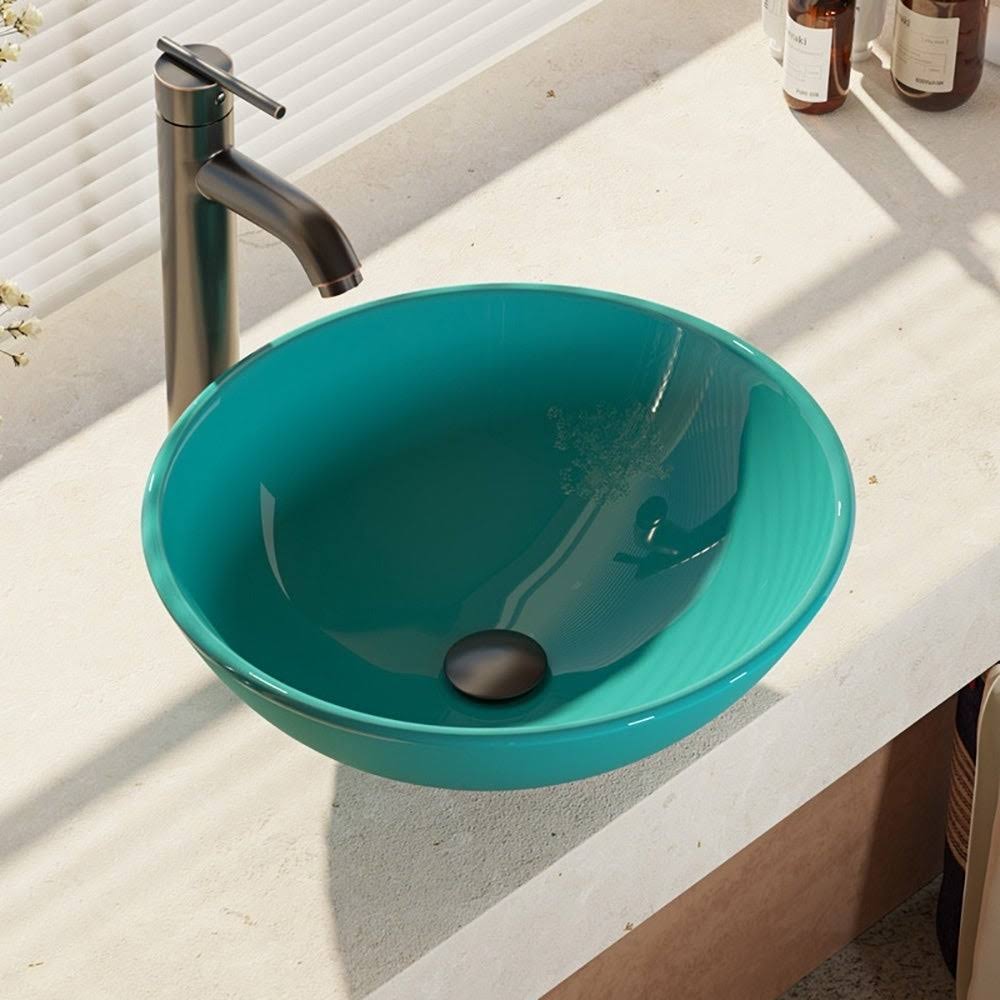 16-1/2x22 Glass Vessel Bathroom Sink with Vessel Faucet Cerulean Brushed A8945