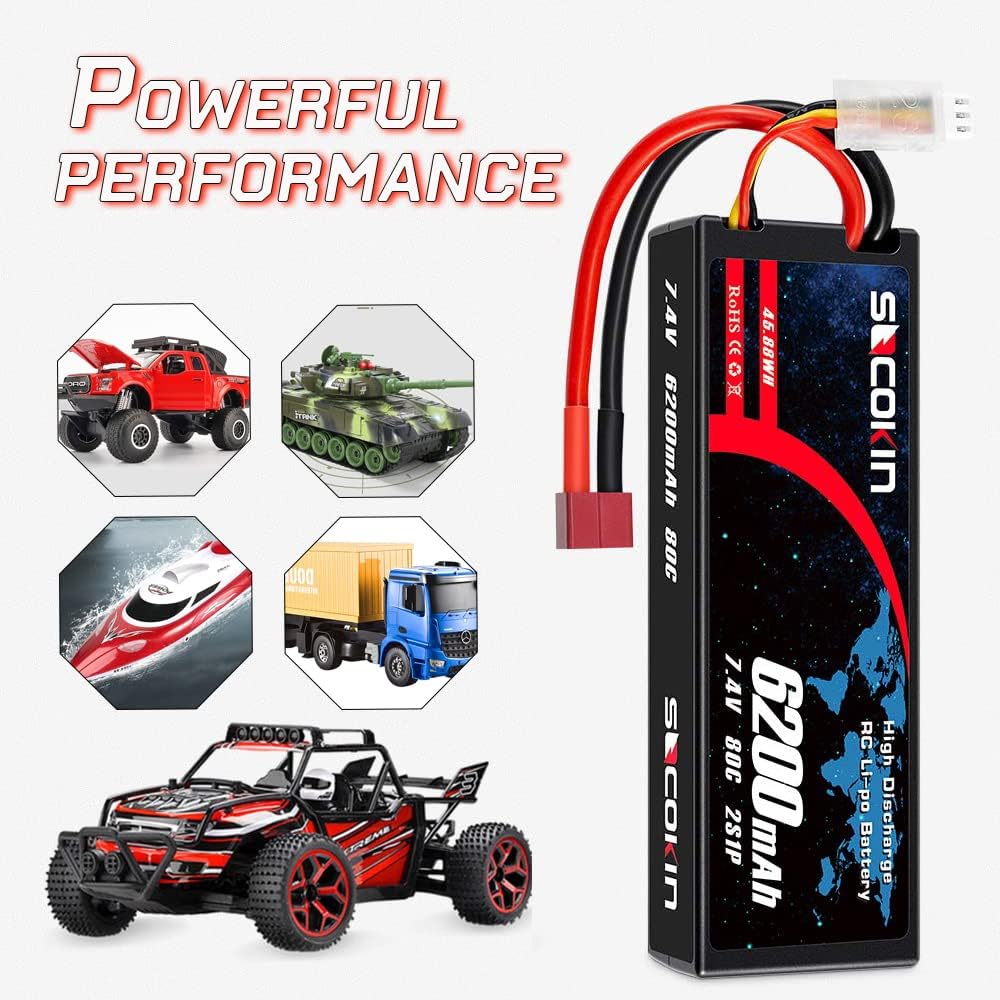 2 Pack 7.4V 2S 6200mAh 80C Hard Case Lipo Battery with Deans T F218