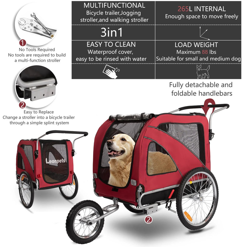 Red 3-in-1 Dog Bicycle Trailer, Stroller, and Jogging Stroller I560