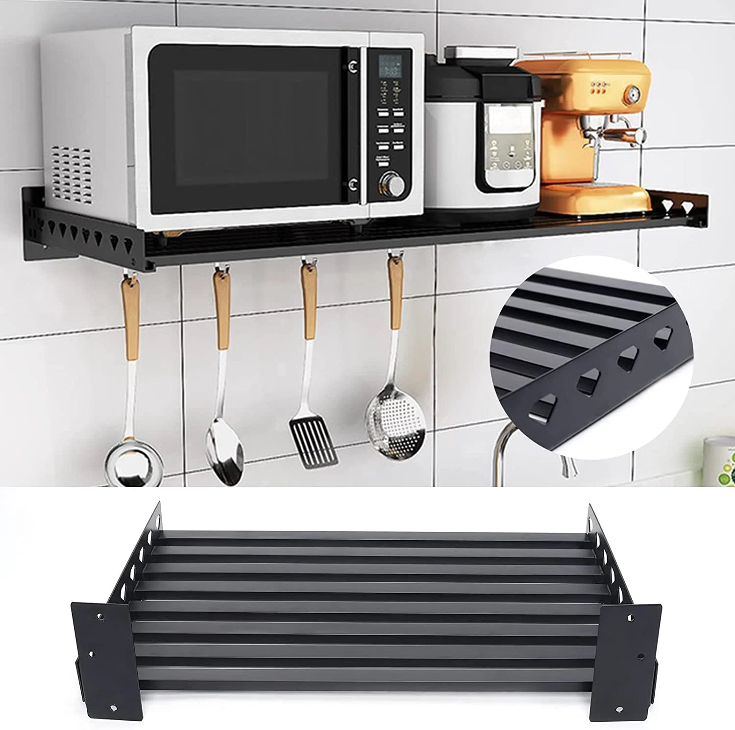 Stainless Microwave Rack Wall Mounted Storage Shelf with 4 Hooks I630843