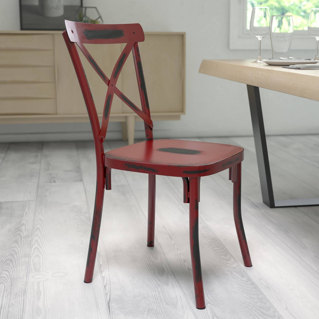 Rustic Distressed Metal Cross Back Chair (Red) B258007