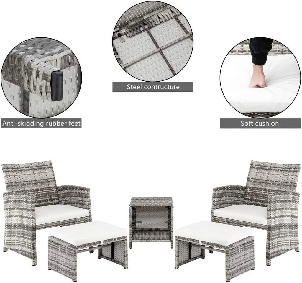 5 PCS Wicker Patio Rattan Cushioned Sofas with Ottoman & Table A845