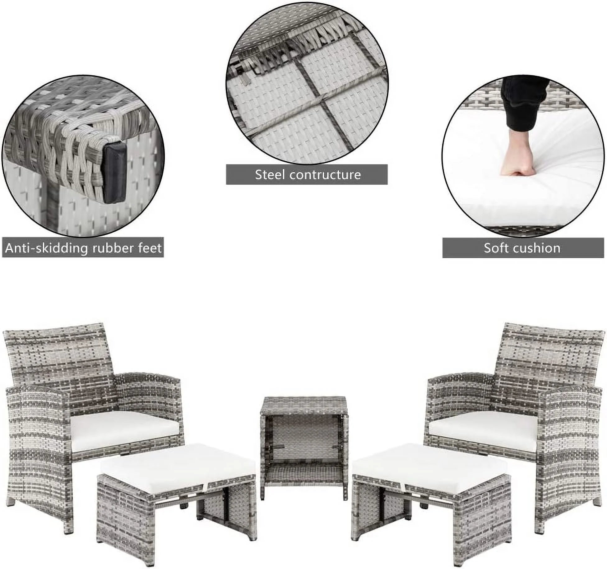 5 PCS Wicker Patio Rattan Cushioned Sofas with Ottoman & Table A845