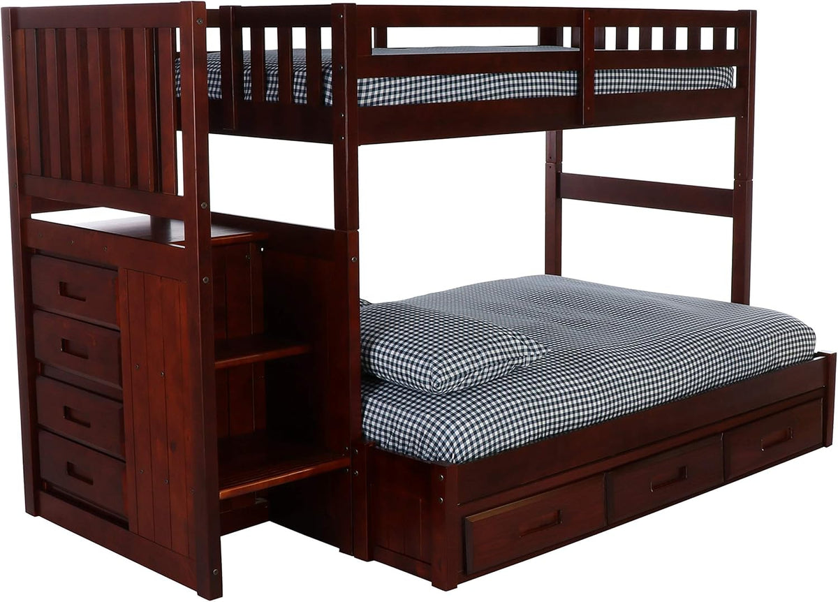 Twin Over Full Staircase Bunk Bed with 3 Drawers in Merlot Finish W72531