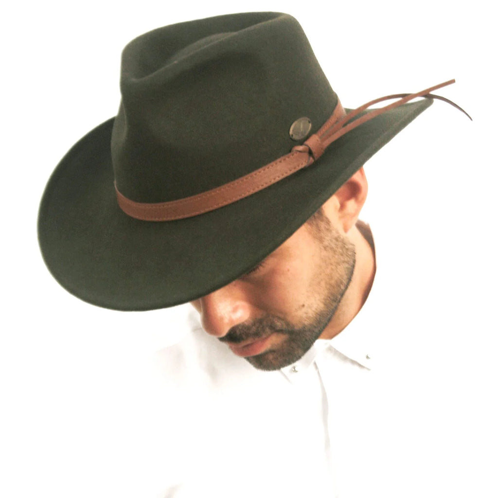 Wool Felt Outback Fedora with Faux Leather Band A827