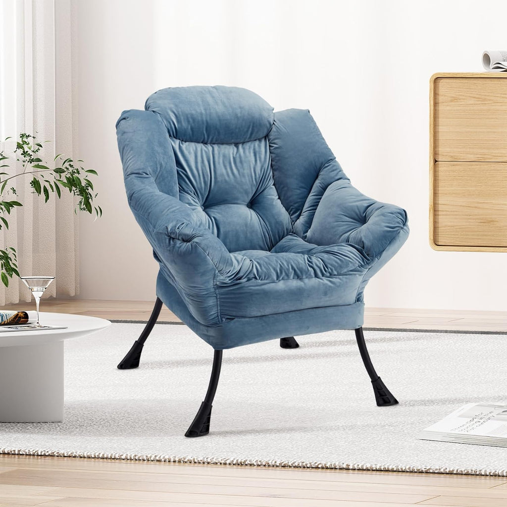 Blue Velvet Lounge Chair with Steel Frame and Side Pocket J4874