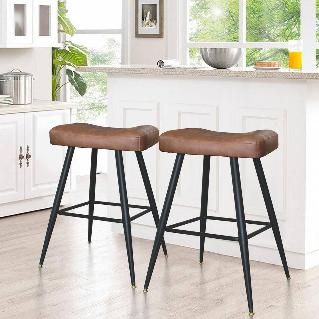 Brown Faux Leather Backless Metal Frame Saddle Counter Stool (Set of 2) R772