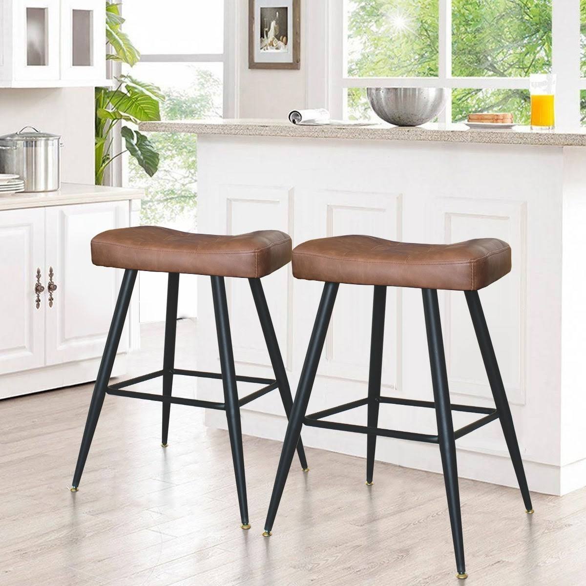 Brown Faux Leather Backless Metal Frame Saddle Counter Stool (Set of 2) R772
