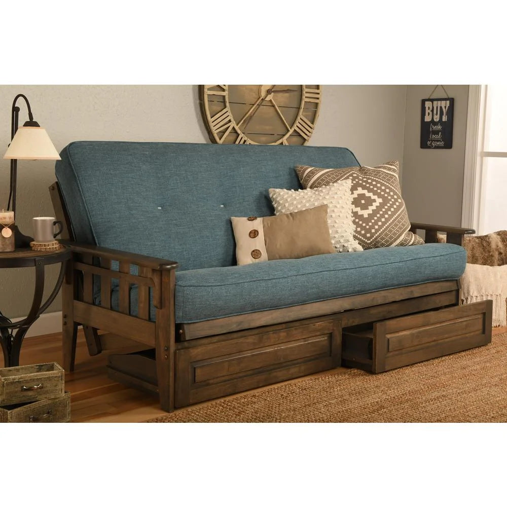 Rustic Walnut/Blue Linen Fabric Mattress Frame Y974130