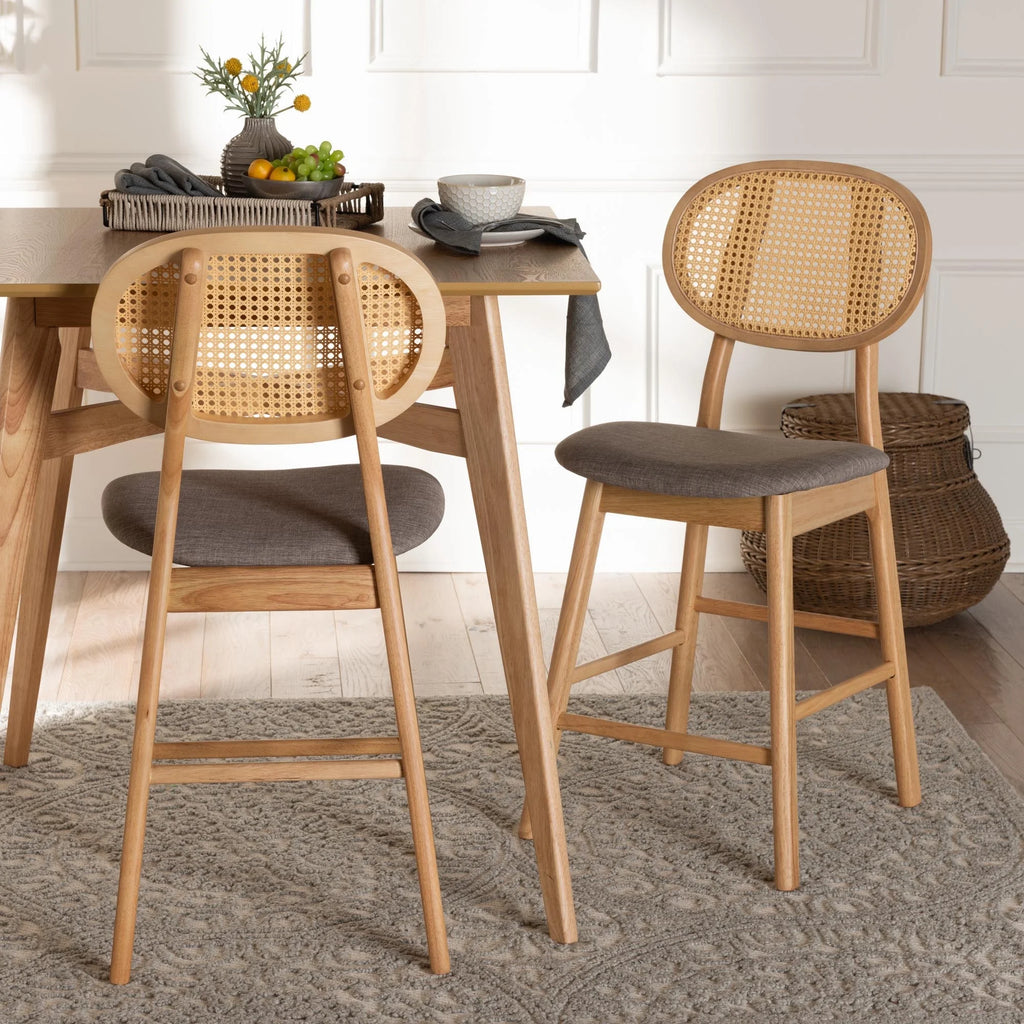 Grey Fabric and Natural Oak Finished Wood 2-Piece Counter Stool Set X80828