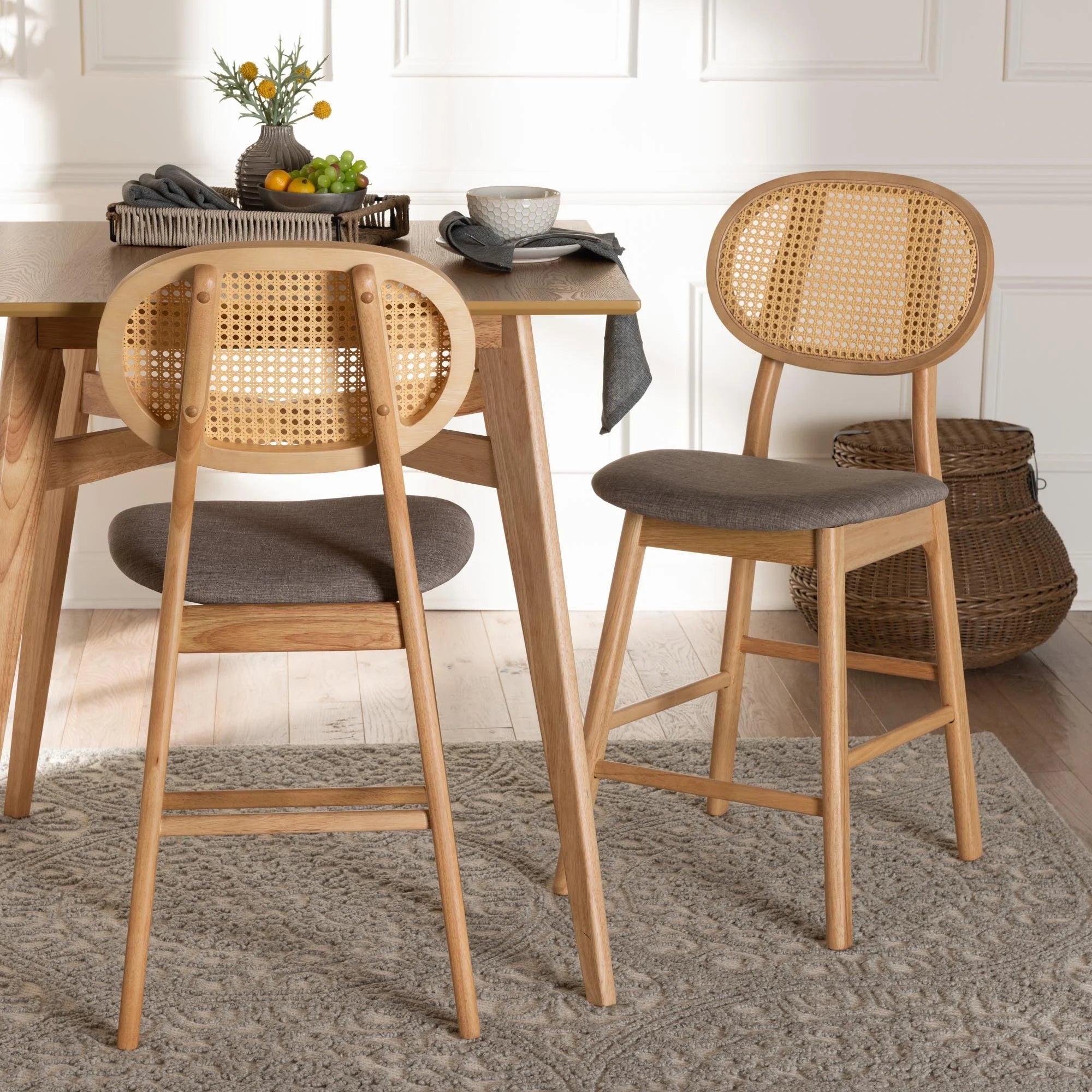 Grey Fabric and Natural Oak Finished Wood 2-Piece Counter Stool Set X80828