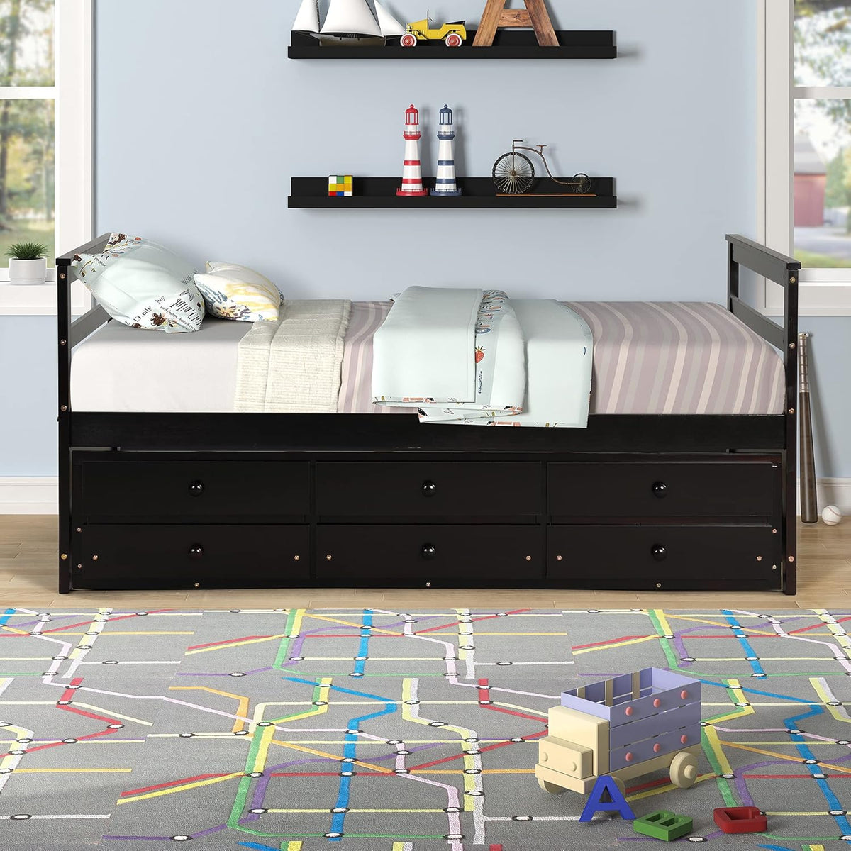 Twin Wood Platform Daybed Frame with Trundle and 3 Storage Drawers H930