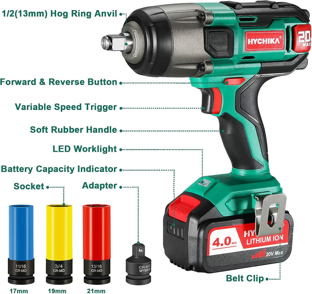 Cordless Impact Wrench 20V Max, 260 Ft-lbs Max Torque, 1/2 Metal Chuck, 4.0 AH Battery, LED Light, 3 Pcs Sockets, Carrying Case M2952