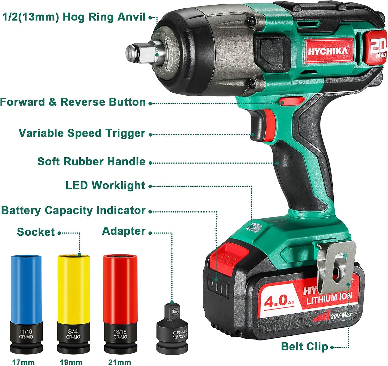 Cordless Impact Wrench 20V Max, 260 Ft-lbs Max Torque, 1/2 Metal Chuck, 4.0 AH Battery, LED Light, 3 Pcs Sockets, Carrying Case M2952