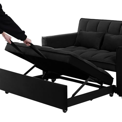Blue Velvet Double Convertible Sofa Bed with Storage Bag and Pillow Q875800