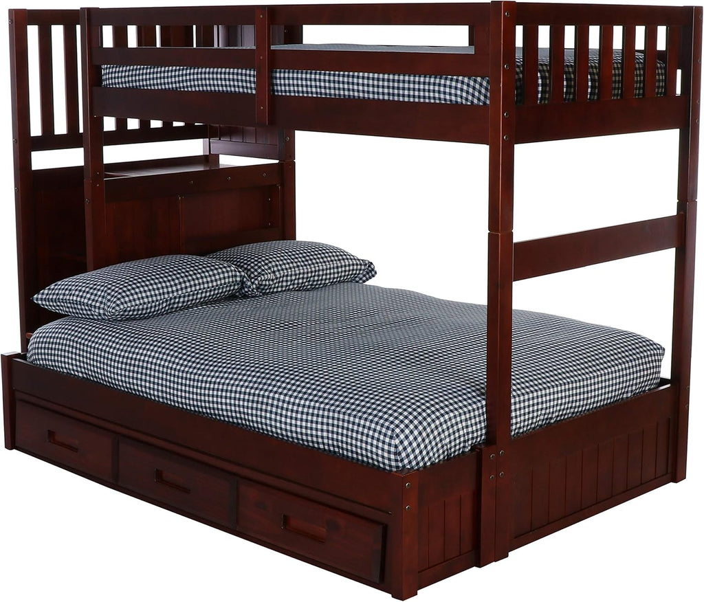 Twin Over Full Staircase Bunk Bed with 3 Drawers in Merlot Finish W72531