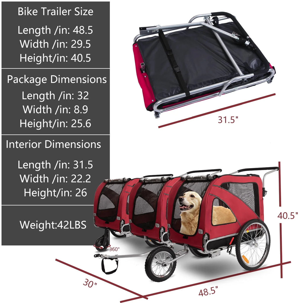 Red 3-in-1 Dog Bicycle Trailer, Stroller, and Jogging Stroller I560