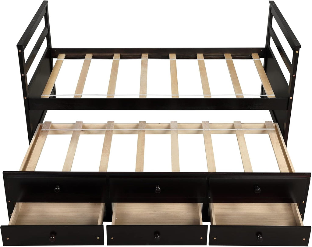 Twin Wood Platform Daybed Frame with Trundle and 3 Storage Drawers H930